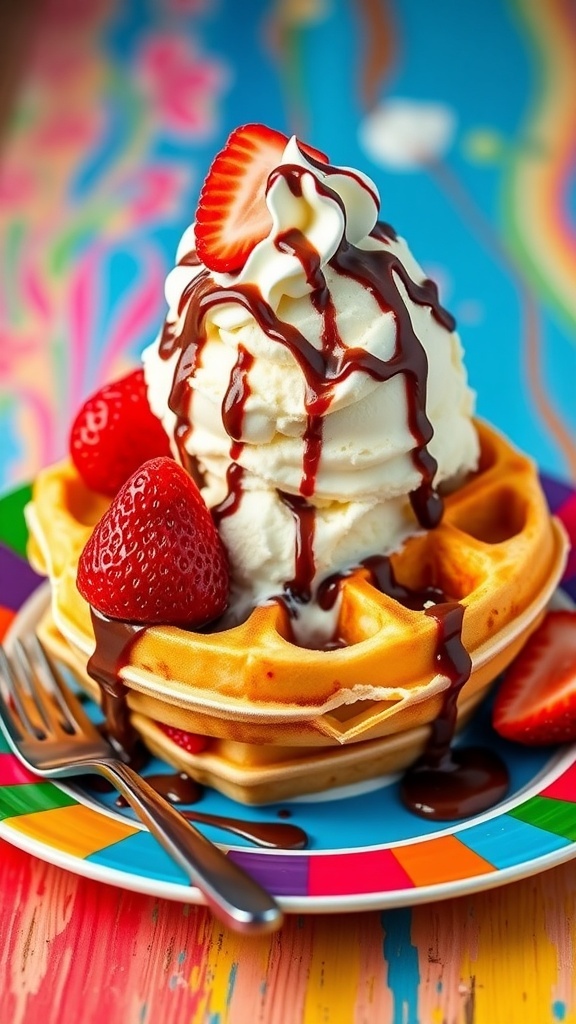 A waffle sundae with ice cream, chocolate sauce, strawberries, and whipped cream on a colorful plate.